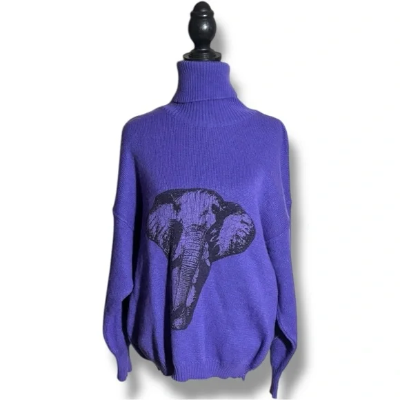 BF Purple Graphic Elephant Wool Long Sleeve Cozy Vintage Turtleneck Sweater - Picture 2 of 16